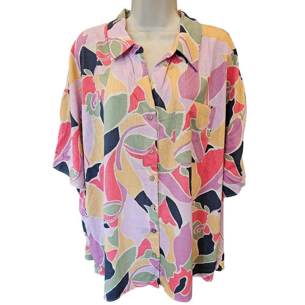 NEW Easel linen blend Colorful bright short sleeve button up floral pastel 2X
